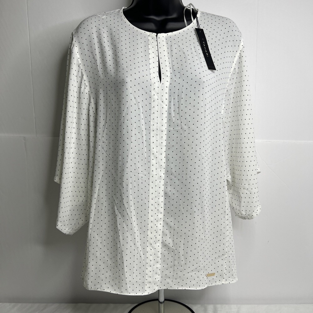 Tahari Women's Medium 3/4 Sleeve White Polka‎ Dot Polyester Summer Boho Top~NWT